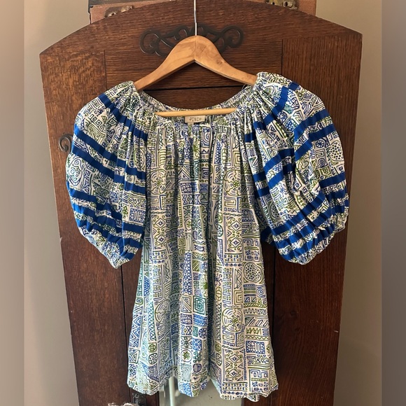 Pinch Tops - Pinch Tops Geometric Puff-Sleeve Peasant Top in Blue, White and Green- Size S